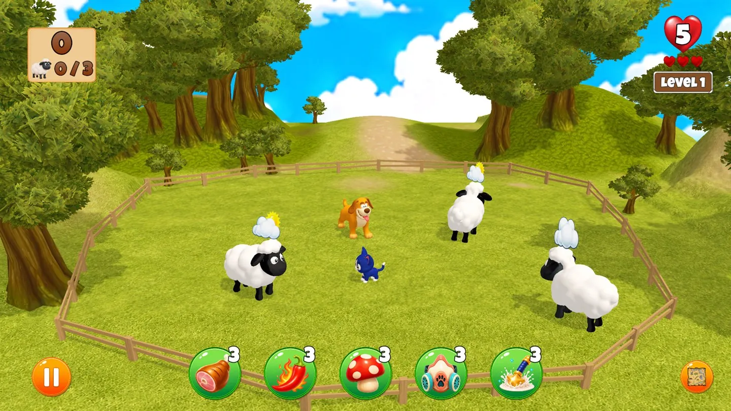 Milky Cat in a fenced green pasture with three sheep and an orange dog