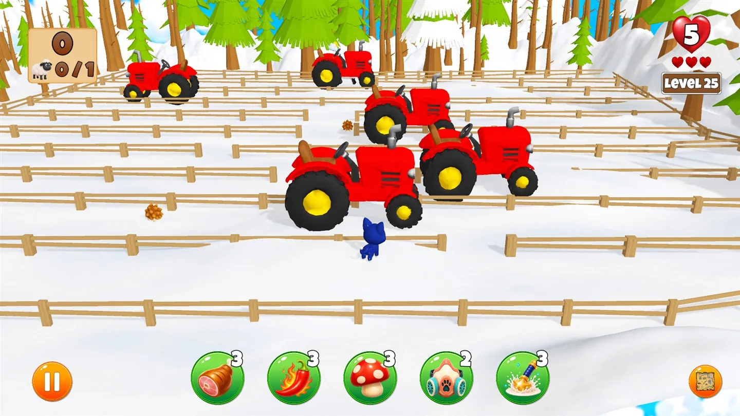 Milky Cat navigates red tractors in a snowy forest level