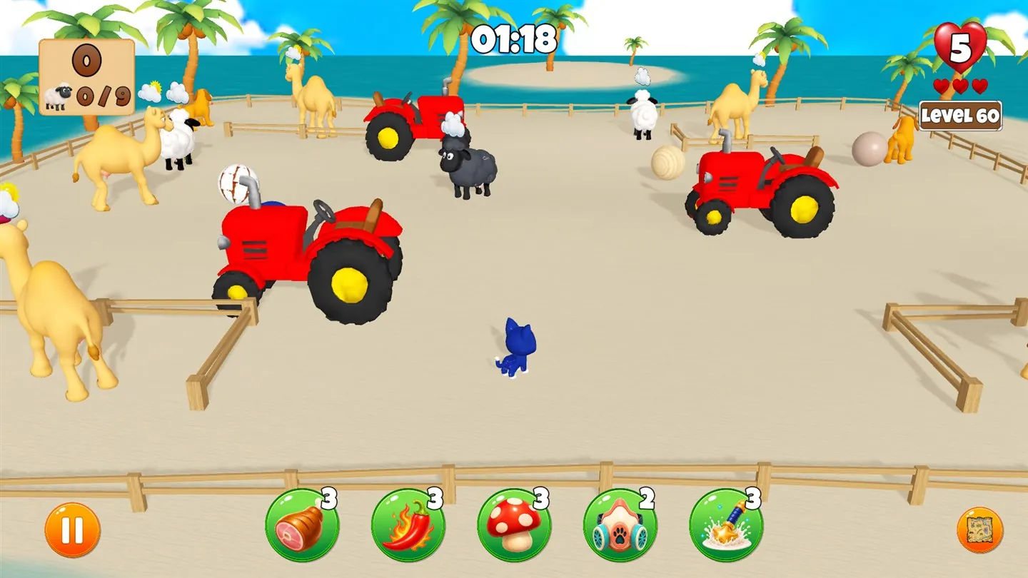 A timed tropical level with camels, sheep, dogs, and tractors beside the sea