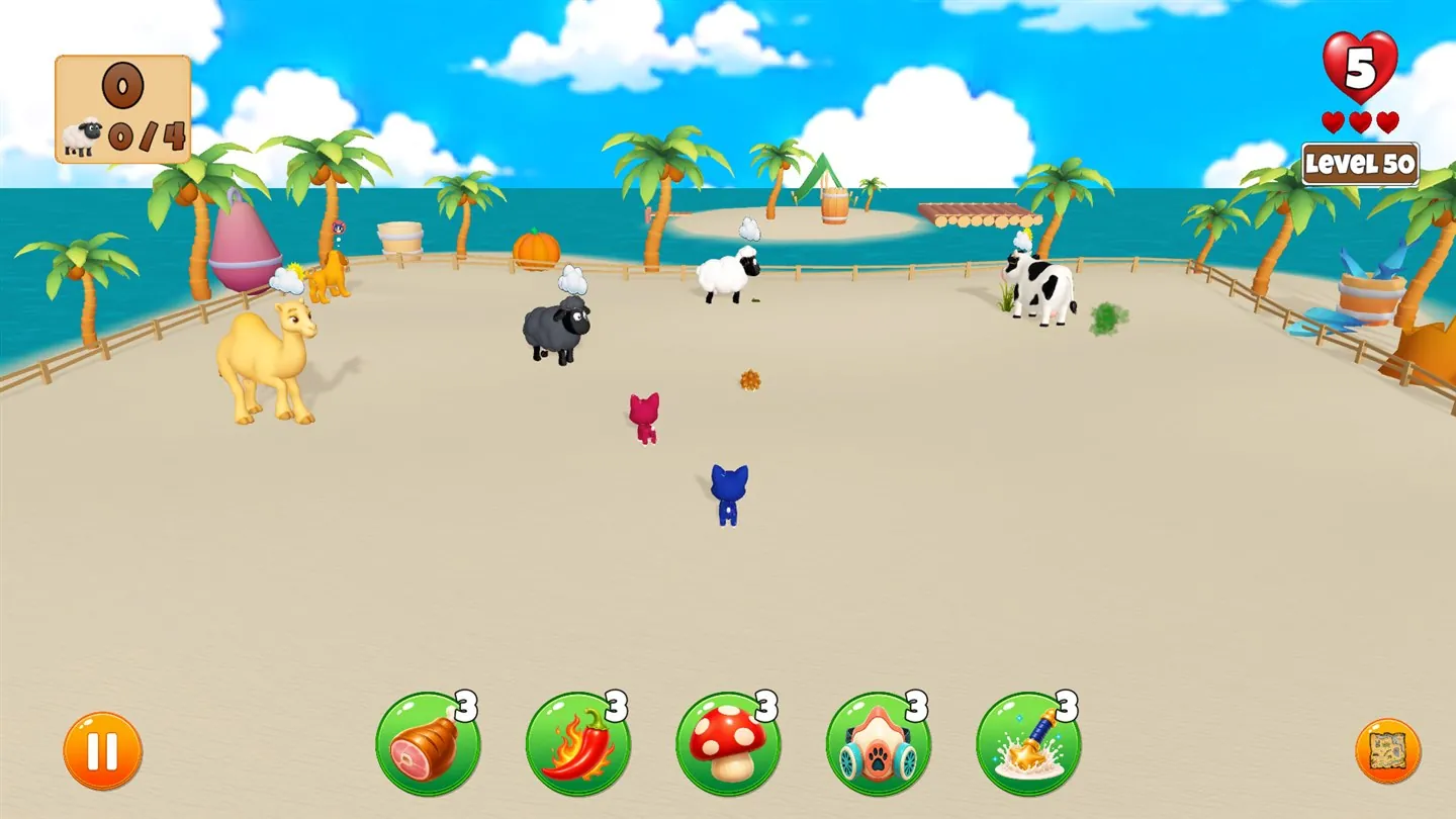 A sandy island level with palm trees, sheep, a camel, a cow, cats, and a raft