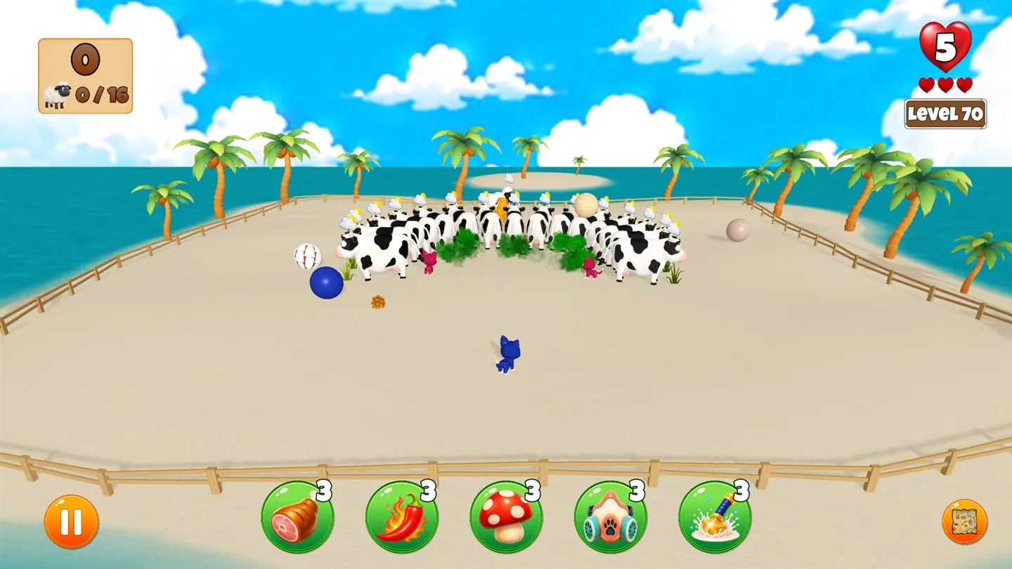 A palm-lined island level with cows, cats, balls, and hedgehogs