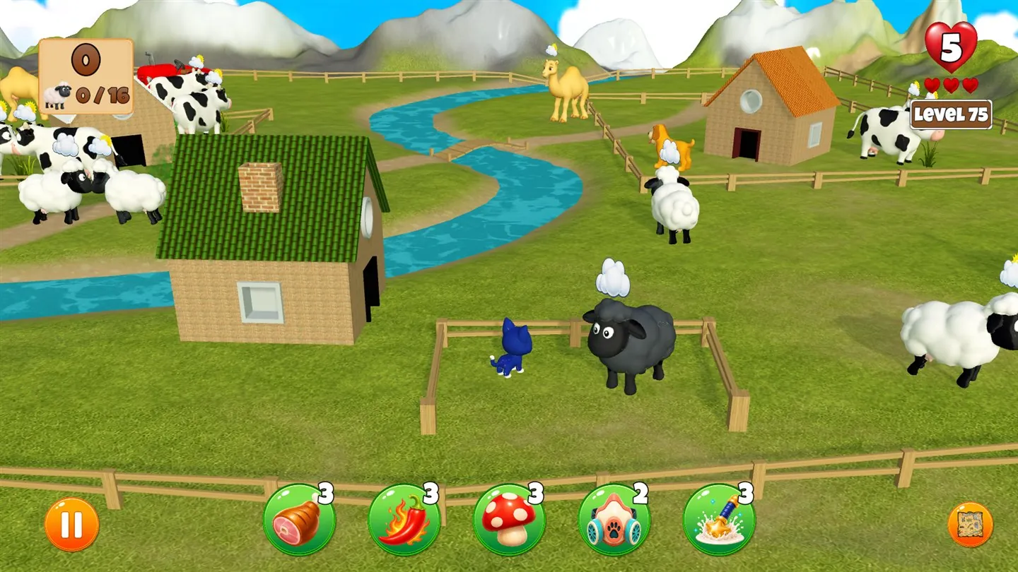 Milky Cat explores a mountain village with bridges, a river, and farm animals