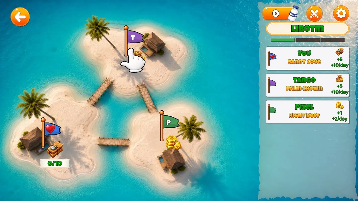 The Milky Cat kingdom map with connected islands, territory flags, and rewards