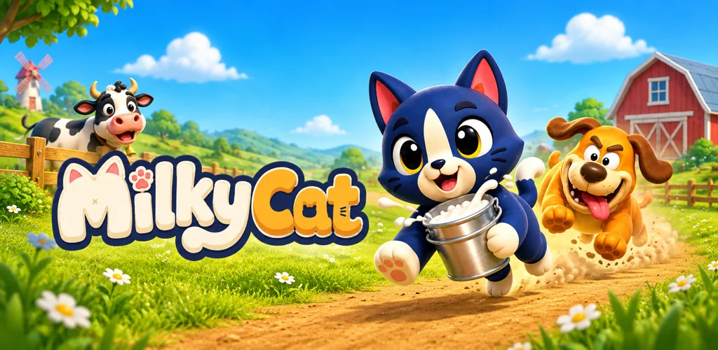 Milky Cat logo beside a blue cat carrying milk while a dog gives chase on a sunny farm